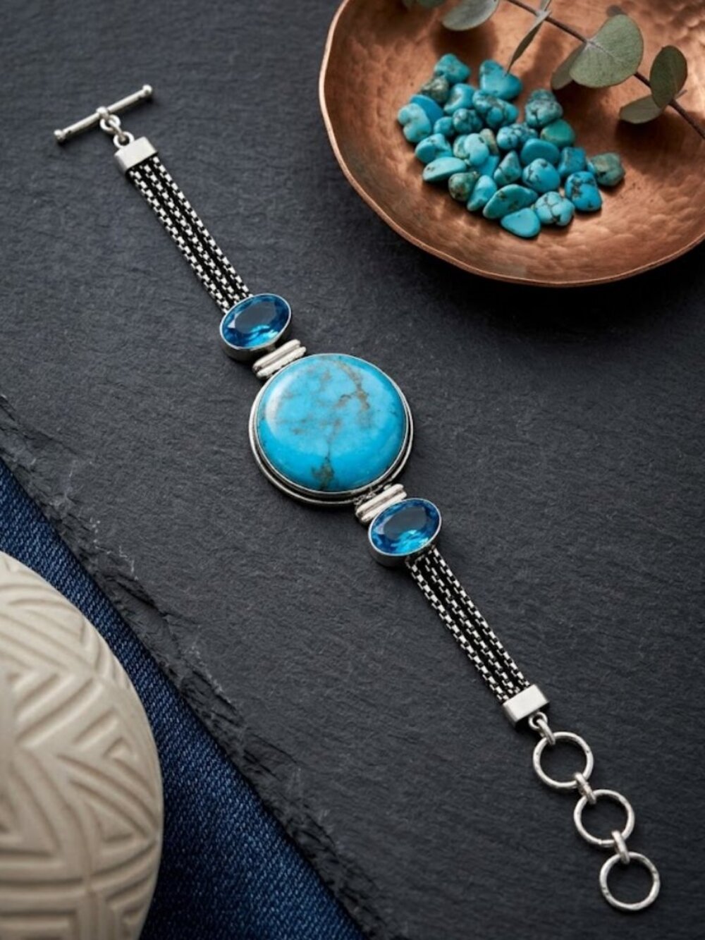 Genuine Turquoise Blue Topaz 925 Sterling Silver Boho Bracelet Adjustable 8.5"